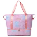 Large expandable travel yoga bag featuring a pink and blue tie-dye quilted design - Pink