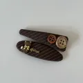 Close-up detail of brown striped fabric hair clips with a cute bear and buttons - Brown Striped Oval Bear Hair Clip / One Pair
