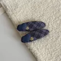 Detailed macro view of purple plaid fabric hair clips featuring denim heart and gold accents - Purple Striped Oval Hair Clips (Pair)