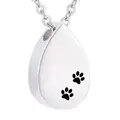Silver teardrop pet cremation urn necklace pendant with engraved black paw prints - Paw Print Teardrop Style (6496584984)