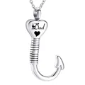 Elegant silver heart-shaped fish hook cremation urn necklace with Dad engraving for ashes - DOG DAD