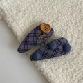 Close-up detail of purple plaid fabric hair clips with handmade metal charm - Purple Striped Teardrop Hair Clips (Pair)