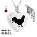 Heart-shaped stainless steel cremation urn necklace with rooster silhouette and birthstones. - Heart Rooster Silhouette / Birthstone Set / Silver