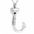 Polished silver heart and fishhook cremation urn pendant necklace for grandpa gift - Grandpa Style