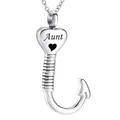 Silver heart fish hook cremation jewelry pendant for ashes with 'Aunt' engraving - Aunt