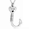 Polished silver heart-shaped fishhook cremation urn necklace with Wife engraving - Wife