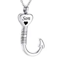 Polished silver heart and fish hook cremation pendant necklace engraved with Son text - Son (SON)