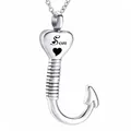 Polished silver heart fishhook cremation urn necklace with 'Son' engraving detail - Son Style