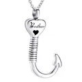 Silver heart fish hook cremation urn necklace with Brother engraving for memorial - Brother Style