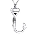 Elegant silver fish hook cremation urn pendant necklace featuring heart Grandma engraving - Grandma Style