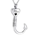 Silver heart shaped fish hook cremation urn necklace pendant for ashes with Mum engraving - Mum Style