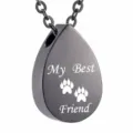 Collar urna cenizas mascota en forma de lágrima negra con huellas y texto grabado - Negro Mate (Huella de Gota)