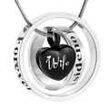 Silver double ring heart cremation necklace featuring a black 'Wife' heart pendant. - Wife