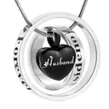 Elegant black heart urn necklace for husband with silver double rings memorial pendant - Husband
