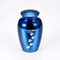 Small blue metallic pet cremation urn with white paw prints and memorial text engraving - Blue (45*70mm)