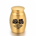 Small gold keepsake cremation urn for human or pet ashes with black rose flower pattern - 25*16mm / Gold