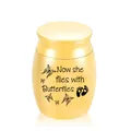 Golden memorial butterfly cremation urn engraved with Now she flies with Butterflies - 30x40mm / Gold