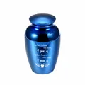 Elegant blue metal cremation urn for ashes with engraved heart and memorial text - Blue (45x70mm)
