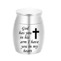 Small silver stainless steel cremation urn for ashes with cross and memorial quote - 30x40mm / Silver