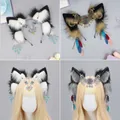 Detailed furry wolf ears headband in black and white with bohemian turquoise ornaments - Northern Wolf Style