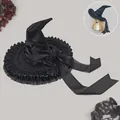 Elegant gothic Lolita witch hat featuring black lace ruffles and long ribbons for cosplay - Black