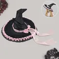 Black and pink Lolita witch hat with delicate lace ruffles and ribbon for Halloween cosplay - Black Pink