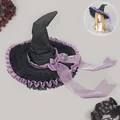 Elegant Lolita Halloween witch hat with purple lace trim and large ribbon bow for cosplay. - Black Purple