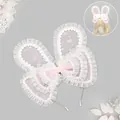 Sweet pink Lolita rabbit ear KC headband with layered snow yarn bow and lace details. - Pink
