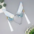 Blue and white plush bunny ear headband with Chinese tassels and flowers - Moon Cold Lamp Late - Blue