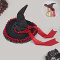 Dark Lolita witch hat with lace ruffles and long red ribbon for Halloween cosplay - Black Red