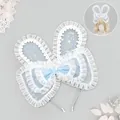 Sweet blue Lolita rabbit ear headband with delicate lace bow and star pattern detail - Blue