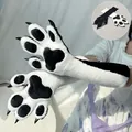 Highly detailed black and white long plush fursuit paws with claws for furry cosplay costume - Black and White