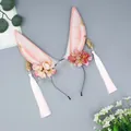 Ancient style handmade pink furry rabbit ears headband with white tassels and flowers - Moon Cold Lamp Late - Pink