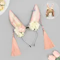 Handmade pink furry rabbit ears headband with flowers and long decorative tassels - Yuehan Rabbit Ear - Pink