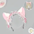 Sweet Lolita plush cat ear headband with pink satin bows and white lace ruffles - Peach Cat Ear Headband / Pink