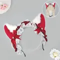 Cute Lolita red and white cat ear headband with lace bows for cosplay costume accessory - Peach Cat Ear Headband / Burgundy