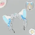 Sweet Lolita style light blue and white furry cat ear headband with lace and bows - Peach Cat Ear Headband / Blue