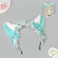 Sweet mint green Lolita cat ear headband with white lace and satin bows for cosplay. - Peach Cat Ear Headband / Mint Green