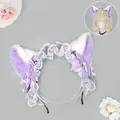 Kawaii Lolita purple lace cat ear headband with furry ears and ribbon bows for cosplay - Peach Cat Ear Headband / Purple