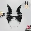 Black furry gothic demon horns headband with silver metal chains cosplay accessory - Hell Devil Horns - Black White