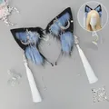 Faux fur wolf ears headband with blue fluff white tassels and silver moon charms - Long Lamp Moon-Blue