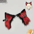 Orejas de lobo punk de piel sintética roja y negra con cadenas Cosplay SKU fundas - Orejas de lobo Metallic Sweetheart (sin diadema eléctrica) / Solo cubreorejas (par) / Rojo y Negro Bloques de Color
