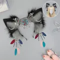Exotic faux fur wolf ear headband with turquoise silver ornaments and colorful feather tassels - Eye of Sun and Moon-Lunar