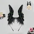 Black plush demon horn cosplay headband decorated with green stripes and silver chains - Hell Devil Horns - Black Green