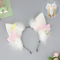 Plush white faux fur animal ears headband with pink bows and heart charms for cosplay - Sugared Girl-Pink Bow