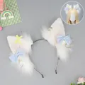 Detailed white faux fur wolf ears headband with blue checkered bows for cosplay fans. - Sugared Girl-Blue Bow