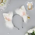 White faux fur wolf animal ears headband with elegant gold heart and pearl jewelry accents - Secret Heart-Heart Lock