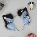 Blue and black plush wolf ear headband decorated with gold star and pearl charms - Radiant Star-Blue