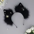 Black plush wolf ears headband with sun and heart star charms for gothic cosplay - Secret Heart-Heart Radiant