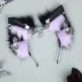 Handmade ethnic style faux fur wolf ears headband in purple and silver with metallic pendants - Miaoyu Shengsheng-Purple Silver